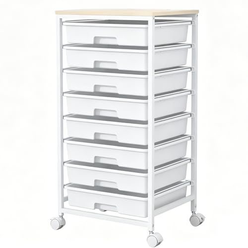 KIRJAUDU Chariot de Rangement à Roulettes avec 8 Tiroirs, Desserte à Roulettes avec Plateau en Bois, Chariot de Rangement pour Bureau, Cuisine, Salon et...