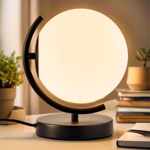 Bedside Table Lamp, Mid Century Modern Globe Table Lamp with 18cm Frosted Glass Shade, Black Metal Base, Plug-in Nightstand Lamp with On/Off Switch, 1.8m Cord