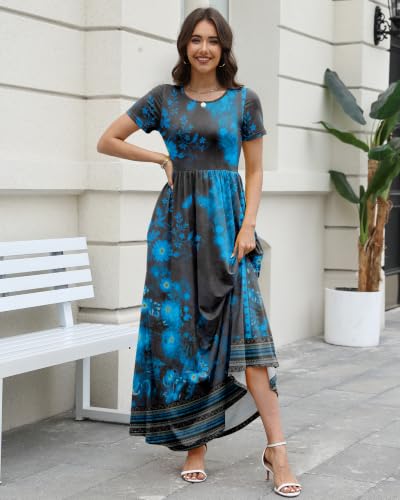 Image of COSSEN Women's Crew Neck Short Sleeve Maxi Dress with Pockets Casual Loose Swing for Wedding Guest Beach Vacation