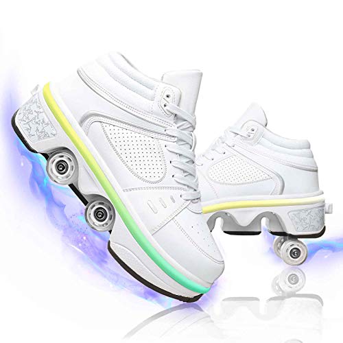 JZIYH Rollschuhe Multifunktionale Deformation, Verstellbare LED Quad-Rollschuh Für Kinder, Verstecktes Rad Bequemes Atmungsaktives Turnschuhe Für Kinder Geeignet, Anfänger,White high top,36 Cover