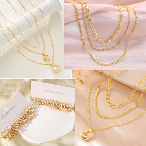 Image of CHICUTIE Gold Jewelry Set For Women,14k Gold Plated Multi Layer Necklaces Bracelets Hoop Earrings Set Stackable Knuckle Rings, Trendy Elegance Charms Non Tarnish Minimalist Textured Boho Jewelry Gift