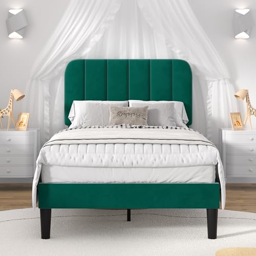 Image of VECELO Twin Size Bed Frame with Upholstered Headboard, Velvet Platform Bedframe Mattress Foundation, Strong Wood Slat Support, No Box Spring Needed,Green