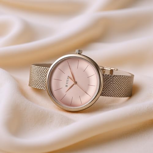 Image of Titan Slimline Quartz Analog Pink Dial Rose Gold Stainless Steel Strap Watch for Women-NS95182WM01