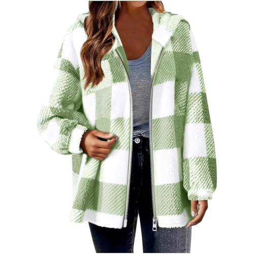Fall Fleece Jackets for Women Fuzzy Zip Up Jacket Winter 2025 Oversized Long Sleeve Hooded Warm Plaid Coats