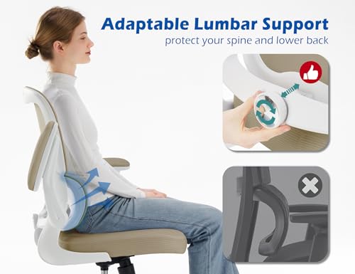 Image of TRALT Ergonomic Office Chair - Desk Chair with Adjustable Lumbar Support Computer Chair - Mesh Comfy Chair with Flip-up Armrests - Gaming Chairs for Adults Home Office (PU Leather, Khaki)