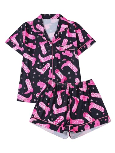 WDIRARA Women's 2 Piece Boots Graphic Pajama Set Pocket Patched Button Down Shirt with Shorts Satin Sleepwear