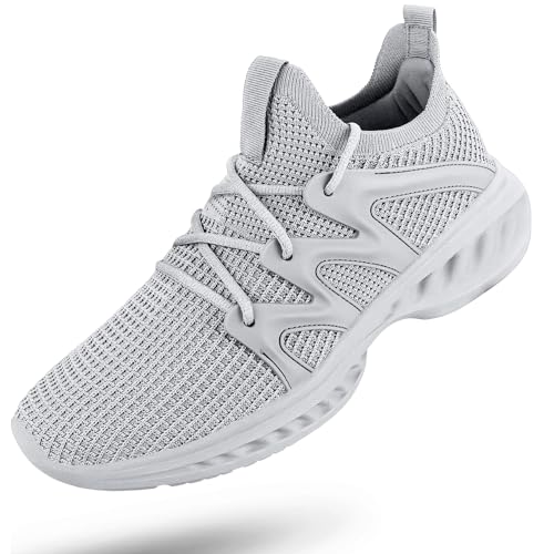 Pujcs Men's Slip on Running Shoes Non Slip Walking Tennis Shoes Lightweight Gym Workout Shoe Breathable Fashion Sneakers Light Grey 10.5