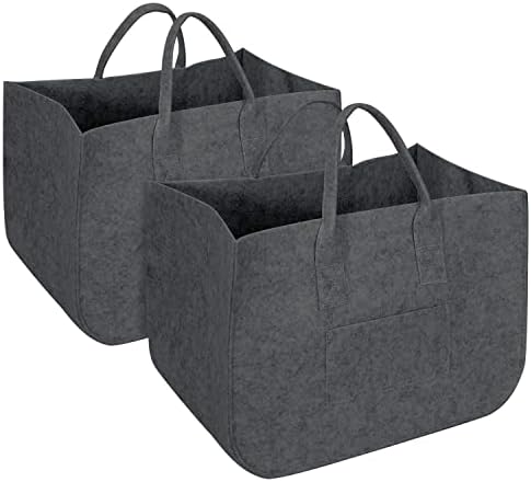 Vinsani 2 Pack Felt Storage Baskets Multifunctional Foldable Large Open Bags with Strong Handles Laundry Hamper Shopping Tote Storage Bag for Firewood Toys Books Clothes Newspapers  Dark Grey