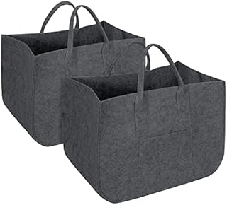 Vinsani 2 Pack Felt Storage Baskets Multifunctional Foldable Large Open Bags with Strong Handles Laundry Hamper Shopping Tote Storage Bag for Firewood Toys Books Clothes Newspapers  Dark Grey