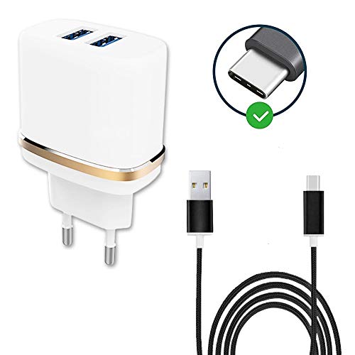 Super Pack Cargador + Cable para Huawei P Smart 2021 Cargador de pared ultrarpotente y rápido 2 USB 5 V/2,1 A + 1 A y cable tipo C trenzado de nailon, 1,3 metros, transferencia de datos, cable tipo C,