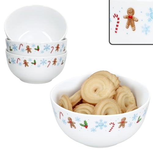 MamboCat Candyman Lot de 4 bols à pâtisserie Ø 14 cm I 420 ml en porcelaine avec bonhomme en pain d'épices, sucre d'orge et flocons de neige bleu glacé I pour pâtisseries, biscuits et collations I