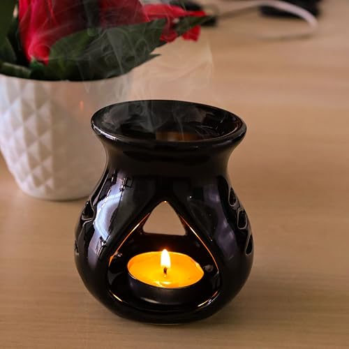 Pure Source India Ceramic Essential Oil Burner Wax Melt Burners |Aromatherapy| Ceramic Oil Diffuser| Candle Tealight Holder (Set of 1) Home Bedroom Decor Christmas Housewarming Gift, Black