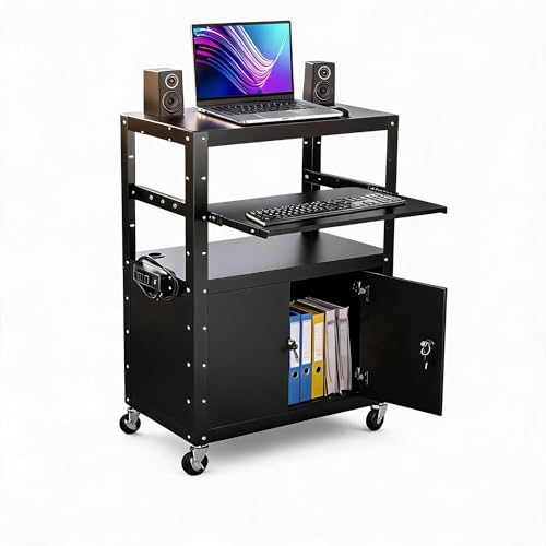 GarveeLife Mobile AV Cart with Locking Storage Cabinet, Adjustable Laptop Stand & Drop Leaves, Rolling Workstation with Power Outlets for Classroom, Office, or Home Use