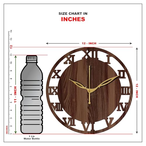 Image of SKYVILLA 12 Inch Wooden MDF Circle Analog Wall Clock with Romans | Silent Quartz Movement | Lightweight Without Glass Design for Home Living Room (Brown)