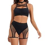 Kiruhytan Women‘s Rave Outfits Set: Cutout Fishnet Lingerie Top High Waisted Dance Shorts for Festival Party