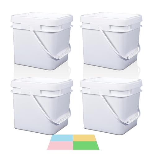 UMETASS Bucket with Lid - 4 Packs Square White Plastic Storage Containers Food Safe with Handle Airtight Pressure Lids for Kitchen & Home (White 1 gal)