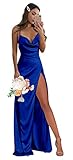 Huaxiafan Royal Blue Satin Bridesmaid Dresses Long with Slit Mermaid Cowl Neck Formal Evening Prom Gown Size 2