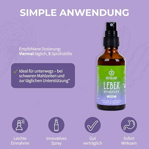 BitterLiebe® Leber* Komplex Spray - Leberkur*, natürliche Unterstützung der Leberfunktion* mithilfe von Cholin - hochdosiert mit Mariendistel Artischocke Löwenzahn und Bitterstoffen