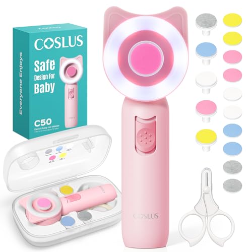 Image of COSLUS C50 Baby Nail File, Baby Nail Trimmer Electric, Baby Nail Clipper - Gentle, Quiet with 360° Light, Safe for Sleep Time Grinding, 16-in-1 Kit for Newborn, Infant & Toddler, Strawberry Pink