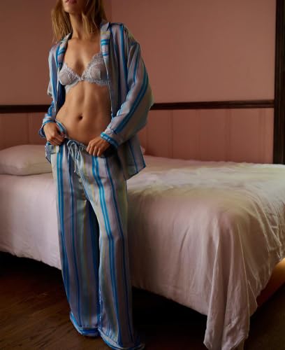 Image of Women Satin Pajama Sets Floral Silk Pajamas Pj Set | 2 Piece Lounge Sets, Button Down Long Sleeve Shirts and Wide Leg Pants Pjs Set, Christmas Holiday Valentine's Day Sleepwear
