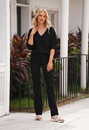 Women's Casual Two Piece Sleepwear High Waist Pullover Sweatsuits Leisure Wear Sets Monochromatic Sweatsuit Activewear Black S #TOP6