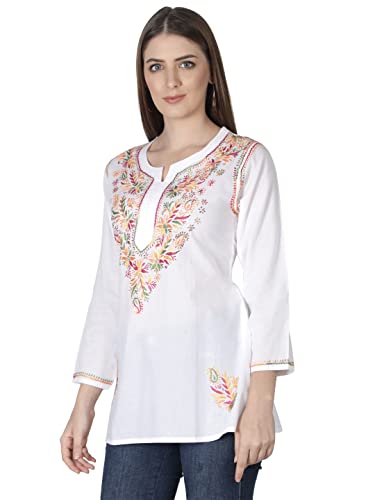 Image of Seva Chikan Hand Embroidered Lucknowi Chikankari Cotton Short Kurti Tunic Top for Women SCL4076