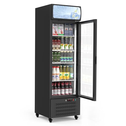Image of 13.4 Cu.Ft Commercial Display Refrigerator,Glass Door Beverage Cooler with Adjustable Shelves,LED Lighting & Advertising Panel, Mobile Design