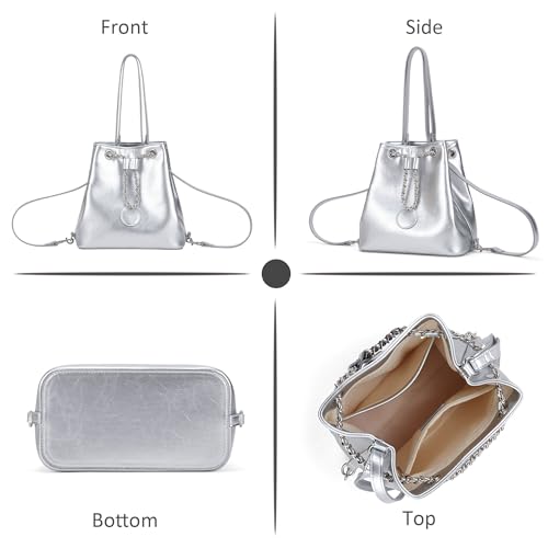 Bolso pequeño de cuero estilo bucket plateado para mujer miniatura 6