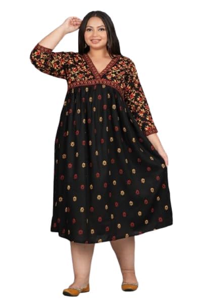 habbu Cotton Stylish Long One Piece Dress for Women | Women's Fit & Flare Midi Western Dress | Printed Girl's A-Line One Piece Summer Dressess (Black)-picture-40