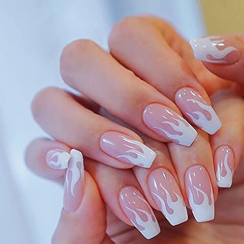 Vatocu Coffin False Nails Medium French Fake Nails Pink Falme Glossy Press on Nails Full Cover Ballerina Acrylic Stick on Nails for Women and Girls (24pcs) Cover