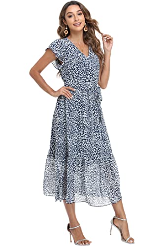 Image of VintageClothing Womens Sundress Casual Floral Summer Boho Dress | Flowy Wrap V Neck Ruffle A-Line Pleated Hem Midi Dresses