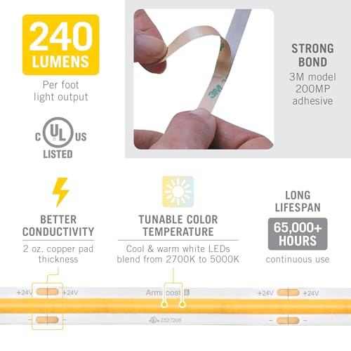 Image of Armacost Lighting RibbonFlex Pro 24V Tunable White COB LED Strip Light Tape, 240 Lumens /Ft, 2.5M 174610