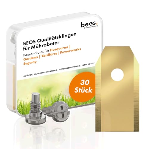 BEOS Cuchillas de Recambio 30 Premium Titan + Tornillos Cuchillas de Recambio para Las Marcas Premium Husqvarna, Gardena, Segway, Yard Force, Powerworks Cuchillas para un Placer de Corte Duradero