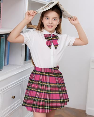 Image of Betusline Girls Skirt Set JK School Uniform 2-Piece Outfit - Short Sleeve Shirt with Bow & Pleated Skirt 4T-14Y