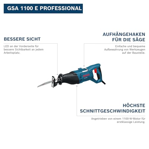 Foto von Bosch Professional Säbelsäge GSA 1100 E (Leistung 1100 Watt, inkl. 1x Säbelsägeblatt S 2345 X für Holz, 1x Säbelsägeblatt S 123xF für Metall, Handwerkoffer)
