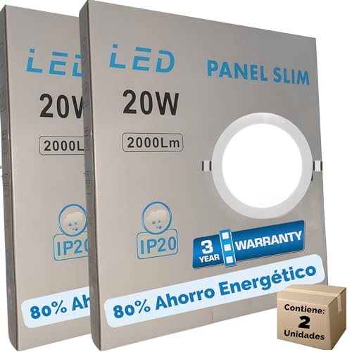 QWell® - 2X Panel Downlight LED Redondo 20W | 3 Años de Garantía | 2000 LM 6000K | Extraplano Empotrar en Techo Pladur | Luz Blanca Fría | Driver incluido (Transform.) | Super Eficiencia Energética A+