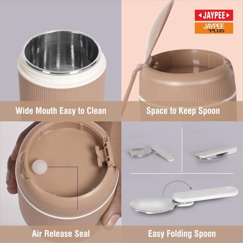 Image of JAYPEE SoloMeal PUF Insulated Inner Stainless Steel Food Jar with Foldable Spoon|Hot /Cold Meal Jar for Kids|Office Women |Men|Food Storage Traveling Box Light Weight |Scratch Resistant|500 ml, Brown