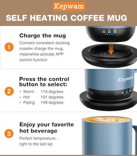 Image of Kepwam Self-Heating Coffee Mug T1-16oz, Fast Heating Rechargeable Heated Coffee Mug, Smart Mug with App & Button Control, Ideal Gift for Coffee Lovers & Hot Drink Enthusiasts
