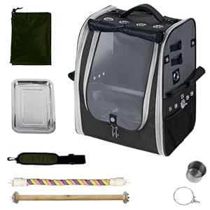 Bird Carrier Backpack-Parrot Travel Cage with 2PCS Perch and Food Bowl, Stainless Steel Tray (Charcoal Gray, Small to Medium Birds)