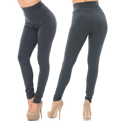 Made in The USA - Women's High Waisted Leg Smoothing Solid Basic Cotton Leggings - Charcoal Medium