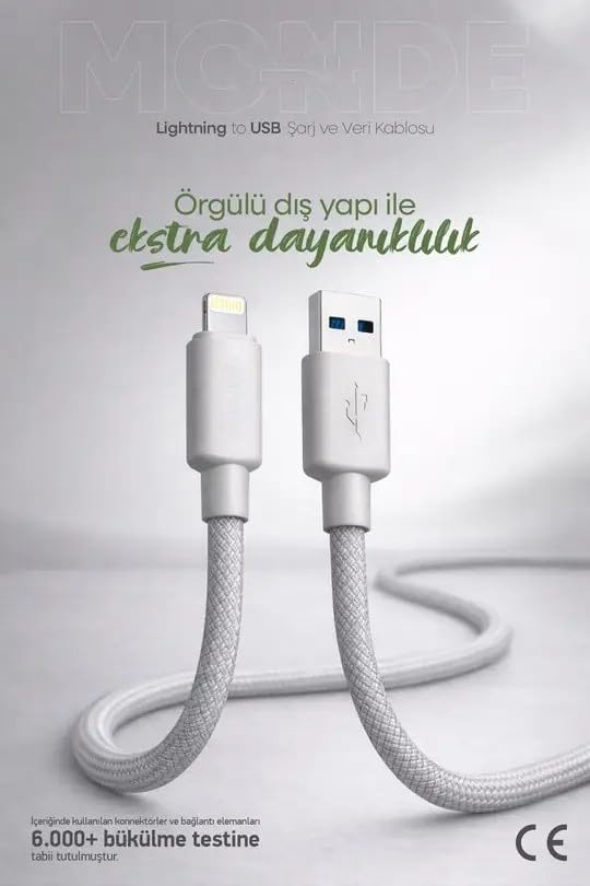 PDAteknoloji 12W Monde USB-A to Lighting ile Uyumlu Şarj ve Data Kablosu 1m(12W Monde, Lighting)