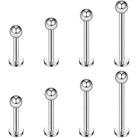Ruifan 4prs(8pcs) 16G 316L Stainless Steel 3mm Ball Labret Monroe Lip Tragus Helix Earring Stud Barbell Ring Body Piercing Jewelry Kit Bar Length 6mm/8mm/10mm/12mm(Steel) Cover