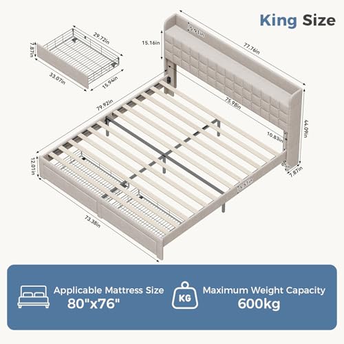 Image of King Size Storage Bed Frame, Square Tufted Headboard, Platform Bed with 2 Underbed Drawers at Foot, Wooden Slats Support, No Box Spring Needed, Light Gray