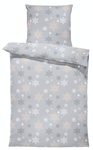 one-home Bettwäsche 135x200 cm Schneeflocken Kristalle grau Biber...