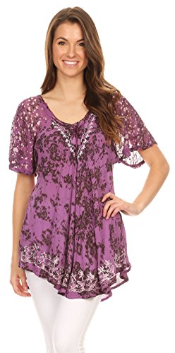 Image of Sakkas Ash Speckled Tiedye Embroidered Cap Sleeve Blouse Top with Embroidery Hems