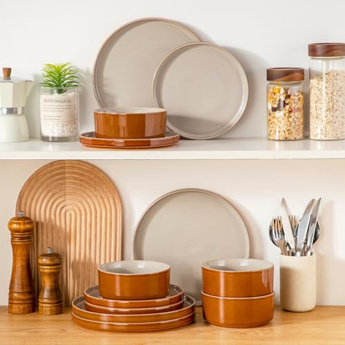 Image of vancasso ONION Ceramic Plates and Bowls Sets, 12 Pieces Grey Dinnerware Sets for Kitchen, Reactive Glaze Dishes Set for 4, Dishwasher and Microwave Safe