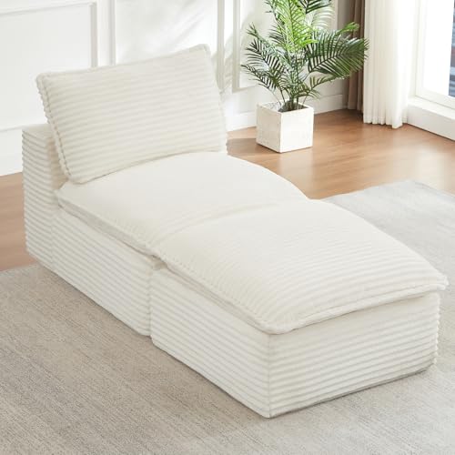 Image of Modular Sectional Sofa Add-On Set - Corduroy Middle Seat & Ottoman, Convertible Armless Chair with Footstool, DIY Expansion Module for Living Room, Bedroom, Apartment