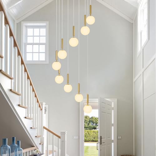 Image of 9-Lights Gold Chandelier with Milk White Glass Mid Century Modern