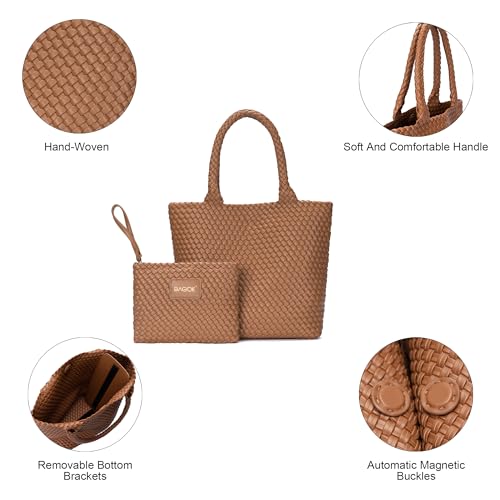 Image of BAGOK Woven Tote Bag for Women, Handwoven Vegan Leather Shoulder Bag with Clutch, Large Tote for Work, Travel & Beach
