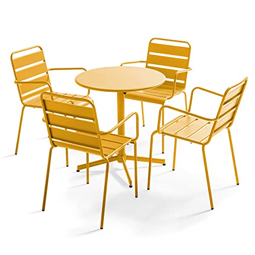Oviala Palavas - Conjunto de mesa de jardín y 4 sillones de metal amarillo
